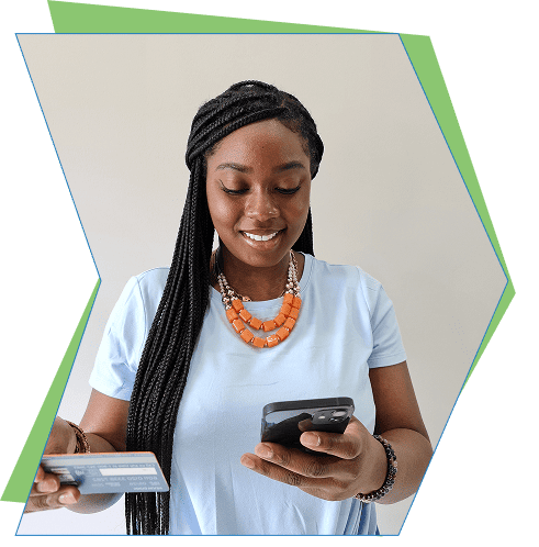 A lady buying SMS messages using a credit card